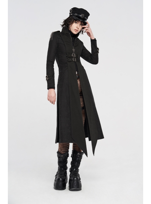 High Collar Metal Rivet Shoulder Epaulets Front Metal Hasp Long Sleeve Black Punk Twill Long Jacket