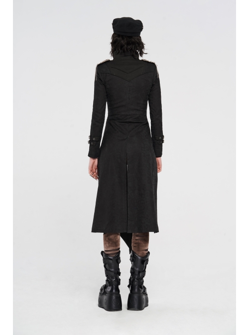 High Collar Metal Rivet Shoulder Epaulets Front Metal Hasp Long Sleeve Black Punk Twill Long Jacket
