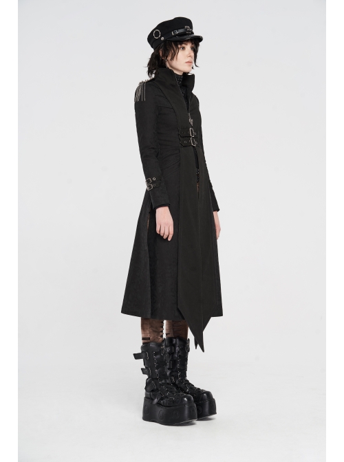 High Collar Metal Rivet Shoulder Epaulets Front Metal Hasp Long Sleeve Black Punk Twill Long Jacket