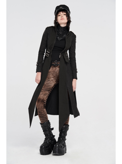 High Collar Metal Rivet Shoulder Epaulets Front Metal Hasp Long Sleeve Black Punk Twill Long Jacket