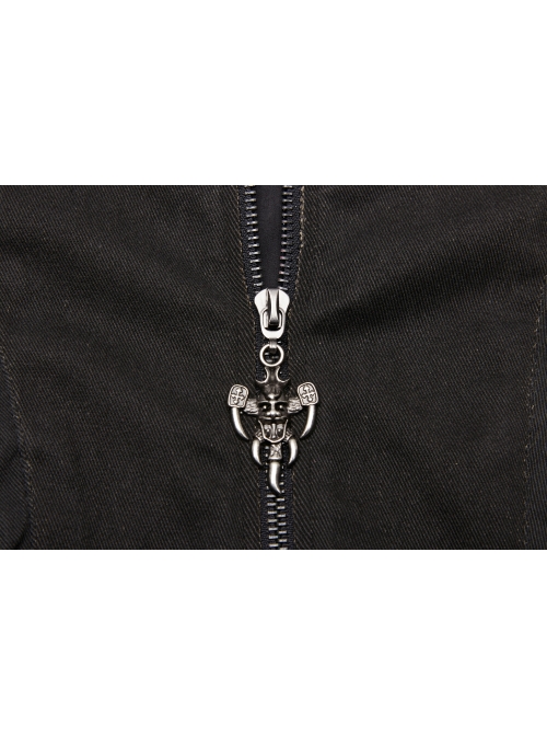 High Collar Metal Rivet Shoulder Epaulets Front Metal Hasp Long Sleeve Black Punk Twill Long Jacket