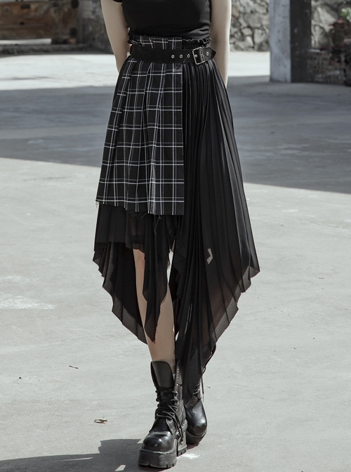 Punk Female Black Chiffon Lattic Stitching Belt Skirt