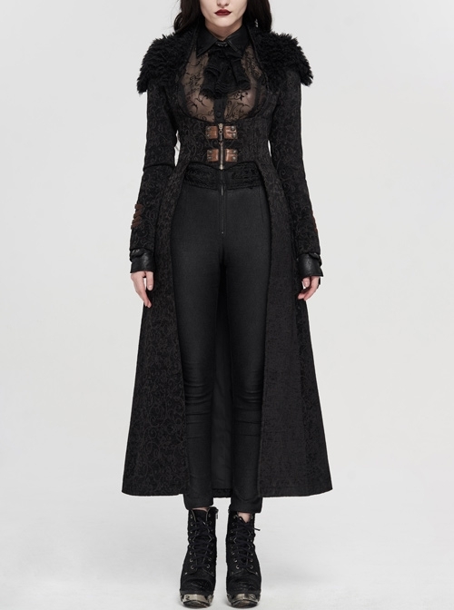 Fur Collar Front Leather Hasp Back Waist Lace-Up Black Punk Three-Dimensional Jacquard Long Coat