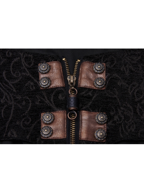 Fur Collar Front Leather Hasp Back Waist Lace-Up Black Punk Three-Dimensional Jacquard Long Coat