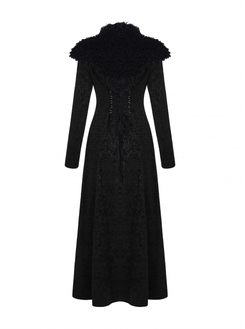 Fur Collar Front Leather Hasp Back Waist Lace-Up Black Punk Three-Dimensional Jacquard Long Coat