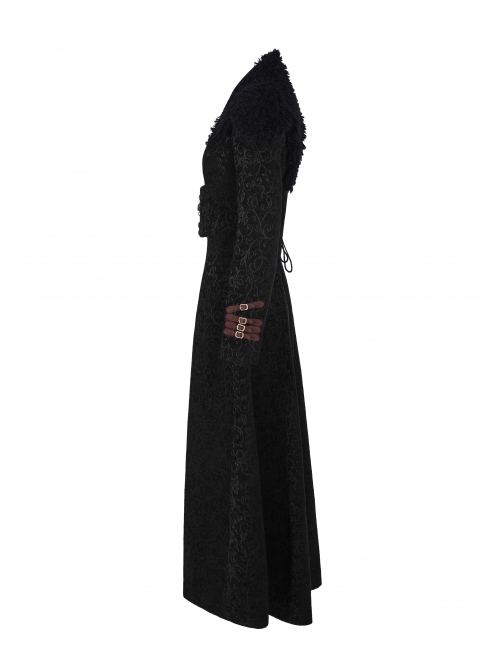 Fur Collar Front Leather Hasp Back Waist Lace-Up Black Punk Three-Dimensional Jacquard Long Coat