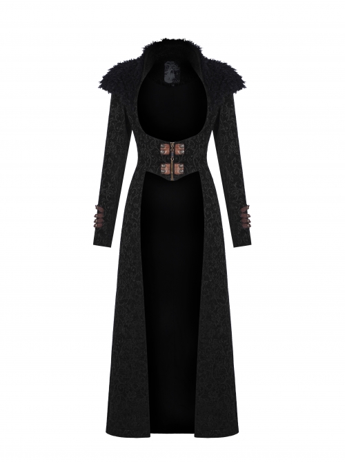 Fur Collar Front Leather Hasp Back Waist Lace-Up Black Punk Three-Dimensional Jacquard Long Coat