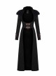 Fur Collar Front Leather Hasp Back Waist Lace-Up Black Punk Three-Dimensional Jacquard Long Coat