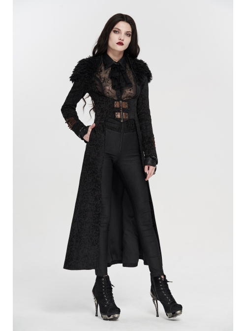 Fur Collar Front Leather Hasp Back Waist Lace-Up Black Punk Three-Dimensional Jacquard Long Coat