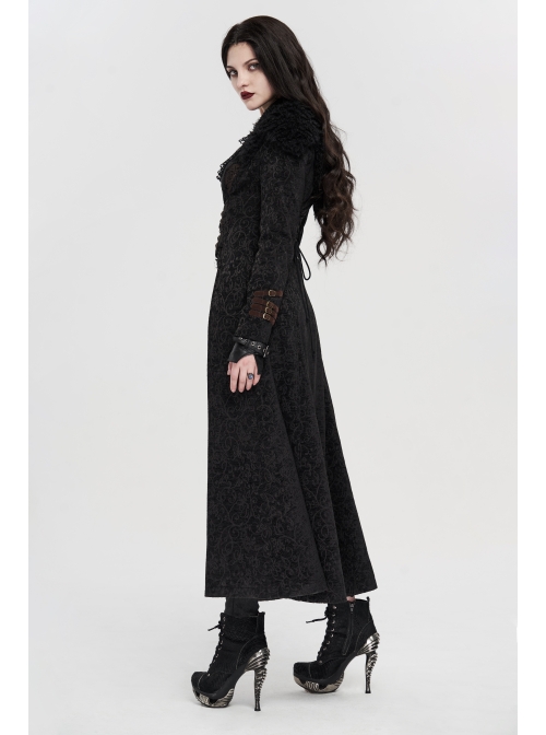 Fur Collar Front Leather Hasp Back Waist Lace-Up Black Punk Three-Dimensional Jacquard Long Coat