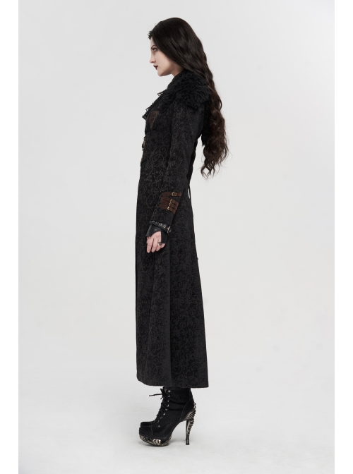 Fur Collar Front Leather Hasp Back Waist Lace-Up Black Punk Three-Dimensional Jacquard Long Coat
