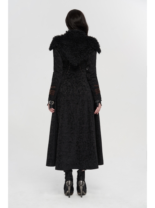 Fur Collar Front Leather Hasp Back Waist Lace-Up Black Punk Three-Dimensional Jacquard Long Coat