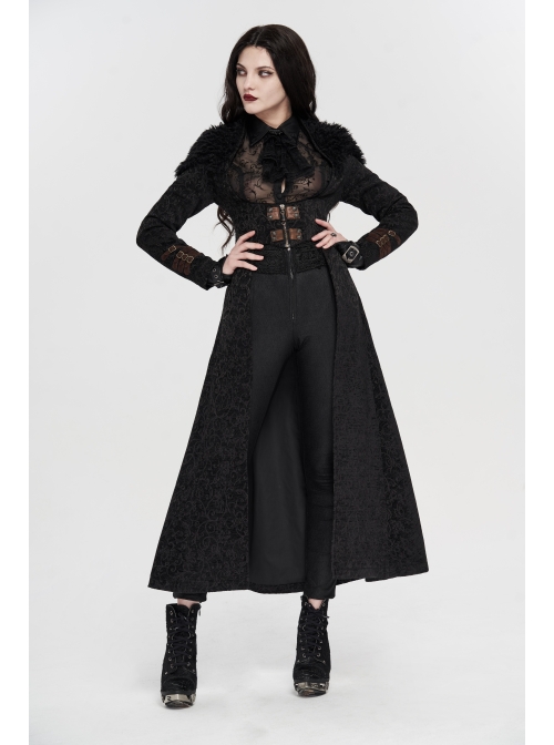 Fur Collar Front Leather Hasp Back Waist Lace-Up Black Punk Three-Dimensional Jacquard Long Coat