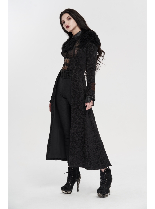 Fur Collar Front Leather Hasp Back Waist Lace-Up Black Punk Three-Dimensional Jacquard Long Coat