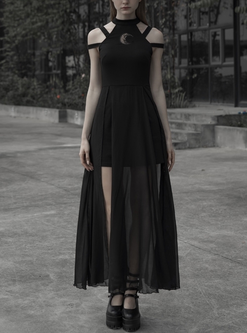 Gothic Female Black Lunar Printed Mesh Stitching Long Dress