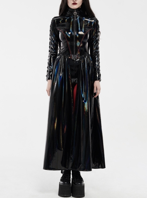 High Collar Front Metal Zipper Lace-Up Long Sleeve Black Punk Bright Laser Long Coat