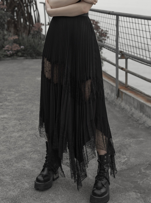 Steam Punk Feamle Casual Black Chiffon Lace Hem Skirt
