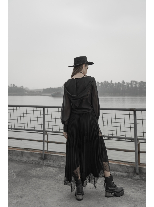 Steam Punk Feamle Casual Black Chiffon Lace Hem Skirt