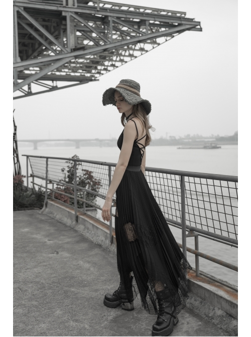 Steam Punk Feamle Casual Black Chiffon Lace Hem Skirt