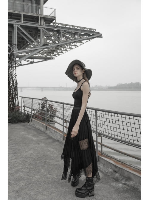 Steam Punk Feamle Casual Black Chiffon Lace Hem Skirt