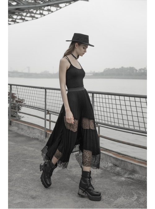 Steam Punk Feamle Casual Black Chiffon Lace Hem Skirt