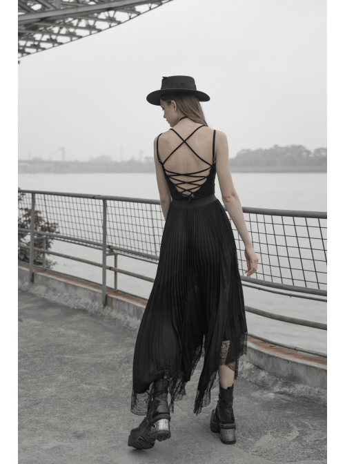 Steam Punk Feamle Casual Black Chiffon Lace Hem Skirt