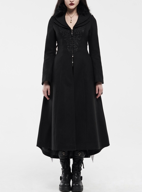 Fur Collar Front Embroidery Black Gem Pendant Long Sleeve Back Waist Lace-Up Black Gothic Long Wool Coat