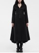 Fur Collar Front Embroidery Black Gem Pendant Long Sleeve Back Waist Lace-Up Black Gothic Long Wool Coat