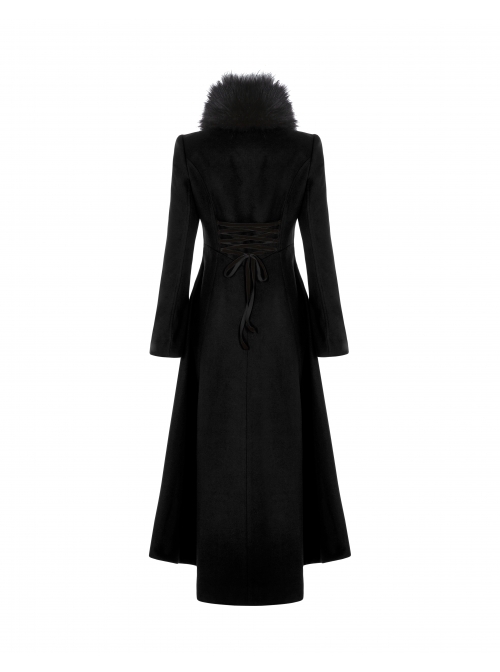 Fur Collar Front Embroidery Black Gem Pendant Long Sleeve Back Waist Lace-Up Black Gothic Long Wool Coat