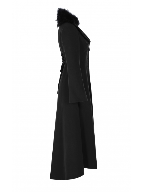 Fur Collar Front Embroidery Black Gem Pendant Long Sleeve Back Waist Lace-Up Black Gothic Long Wool Coat