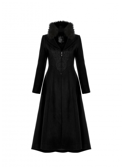 Fur Collar Front Embroidery Black Gem Pendant Long Sleeve Back Waist Lace-Up Black Gothic Long Wool Coat