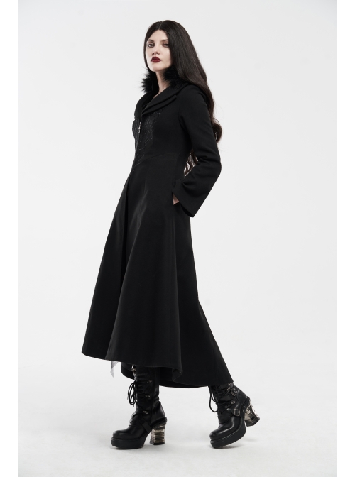 Fur Collar Front Embroidery Black Gem Pendant Long Sleeve Back Waist Lace-Up Black Gothic Long Wool Coat