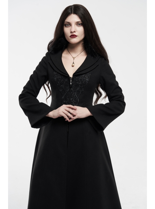 Fur Collar Front Embroidery Black Gem Pendant Long Sleeve Back Waist Lace-Up Black Gothic Long Wool Coat