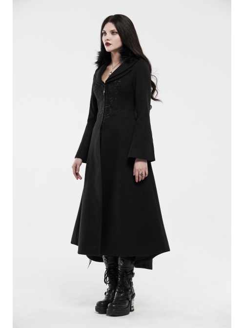 Fur Collar Front Embroidery Black Gem Pendant Long Sleeve Back Waist Lace-Up Black Gothic Long Wool Coat