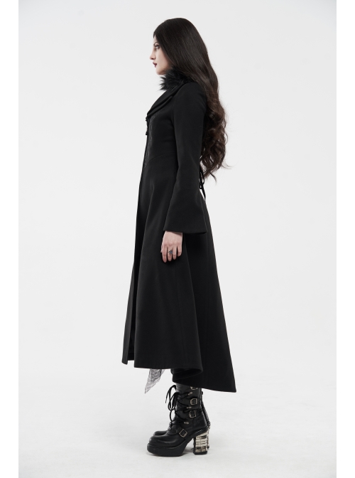 Fur Collar Front Embroidery Black Gem Pendant Long Sleeve Back Waist Lace-Up Black Gothic Long Wool Coat
