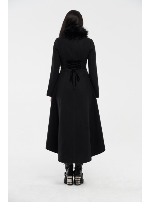 Fur Collar Front Embroidery Black Gem Pendant Long Sleeve Back Waist Lace-Up Black Gothic Long Wool Coat