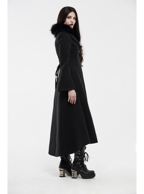 Fur Collar Front Embroidery Black Gem Pendant Long Sleeve Back Waist Lace-Up Black Gothic Long Wool Coat