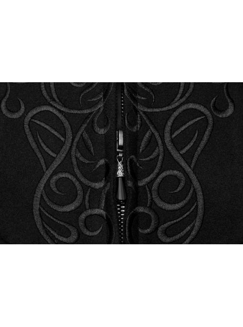 Fur Collar Front Embroidery Black Gem Pendant Long Sleeve Back Waist Lace-Up Black Gothic Long Wool Coat