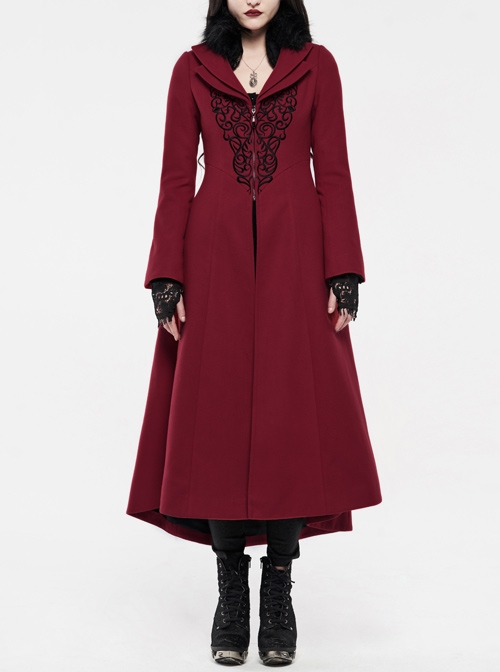 Fur Collar Front Embroidery Black Gem Pendant Long Sleeve Back Waist Lace-Up Red Gothic Long Wool Coat
