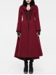 Fur Collar Front Embroidery Black Gem Pendant Long Sleeve Back Waist Lace-Up Red Gothic Long Wool Coat