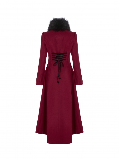 Fur Collar Front Embroidery Black Gem Pendant Long Sleeve Back Waist Lace-Up Red Gothic Long Wool Coat