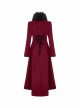 Fur Collar Front Embroidery Black Gem Pendant Long Sleeve Back Waist Lace-Up Red Gothic Long Wool Coat