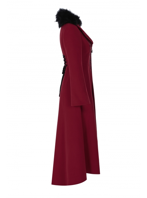 Fur Collar Front Embroidery Black Gem Pendant Long Sleeve Back Waist Lace-Up Red Gothic Long Wool Coat