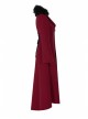 Fur Collar Front Embroidery Black Gem Pendant Long Sleeve Back Waist Lace-Up Red Gothic Long Wool Coat