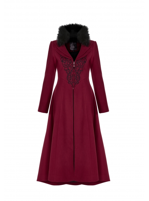 Fur Collar Front Embroidery Black Gem Pendant Long Sleeve Back Waist Lace-Up Red Gothic Long Wool Coat