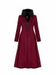 Fur Collar Front Embroidery Black Gem Pendant Long Sleeve Back Waist Lace-Up Red Gothic Long Wool Coat