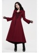 Fur Collar Front Embroidery Black Gem Pendant Long Sleeve Back Waist Lace-Up Red Gothic Long Wool Coat