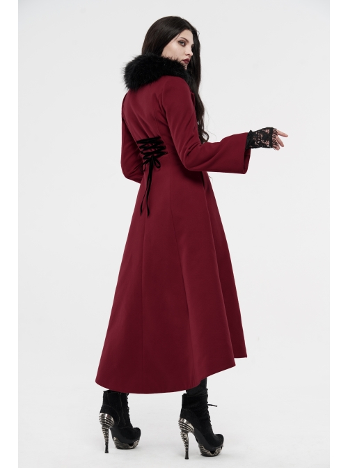 Fur Collar Front Embroidery Black Gem Pendant Long Sleeve Back Waist Lace-Up Red Gothic Long Wool Coat