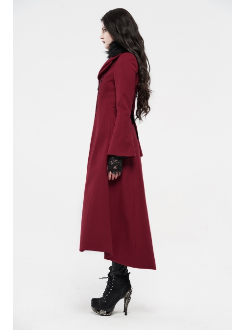 Fur Collar Front Embroidery Black Gem Pendant Long Sleeve Back Waist Lace-Up Red Gothic Long Wool Coat