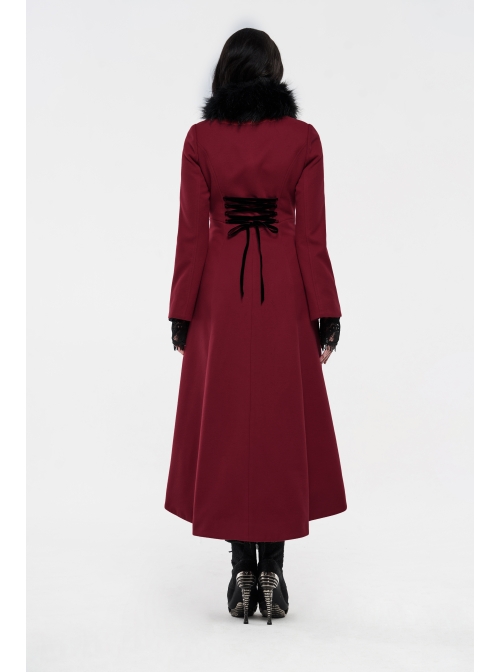 Fur Collar Front Embroidery Black Gem Pendant Long Sleeve Back Waist Lace-Up Red Gothic Long Wool Coat